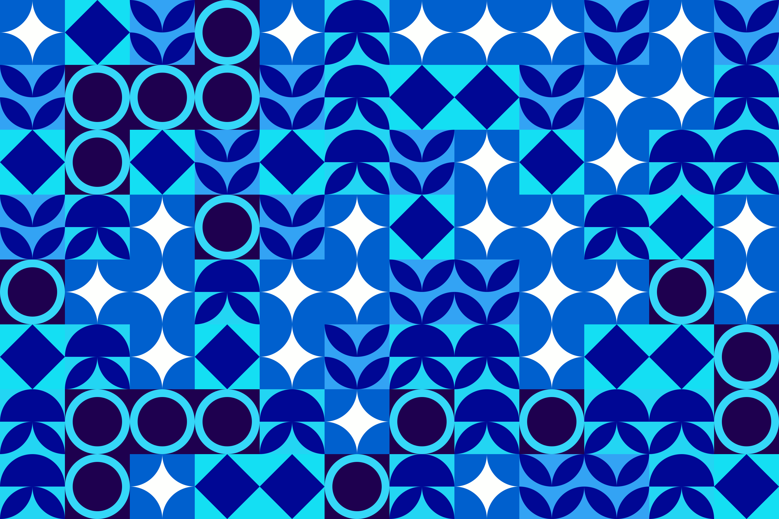A blue and white geometric pattern with circles and diamonds