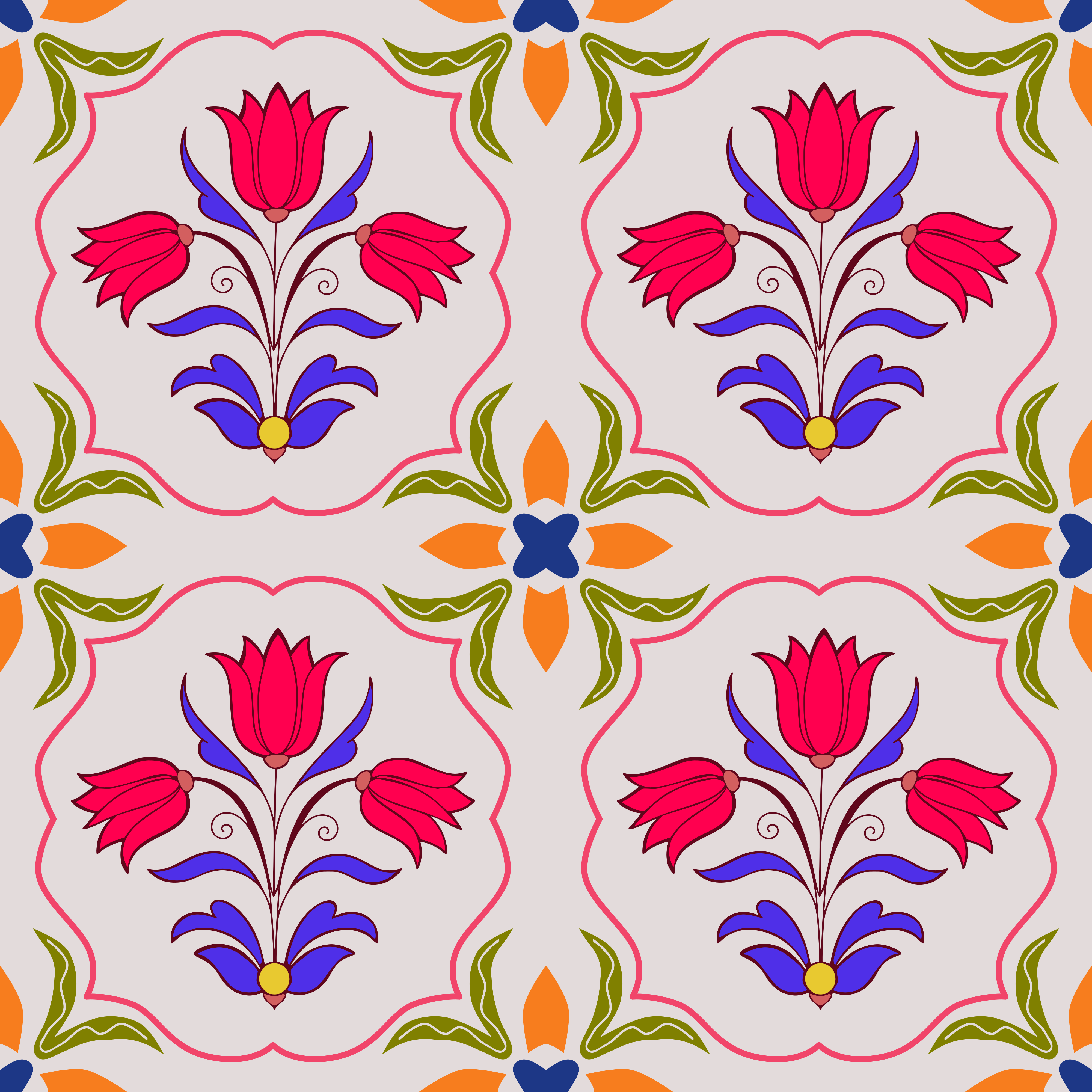 Ein sich wiederholendes Muster aus roten Tulpen und orangefarbenen Blumenmotiven