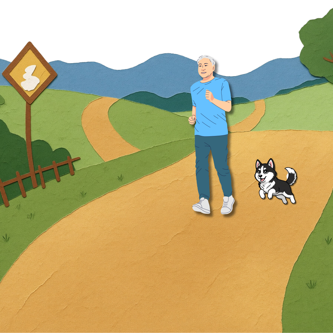 Blonde man jogs with husky puppy on a rural path.