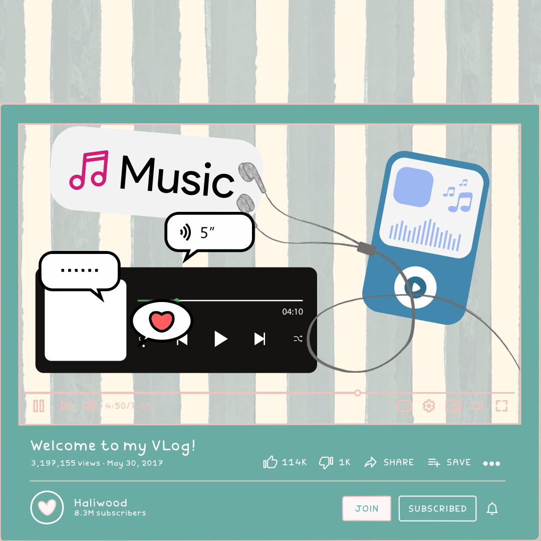 音楽プレーヤーやノートを表示するスタイライズされたVlogインターフェース