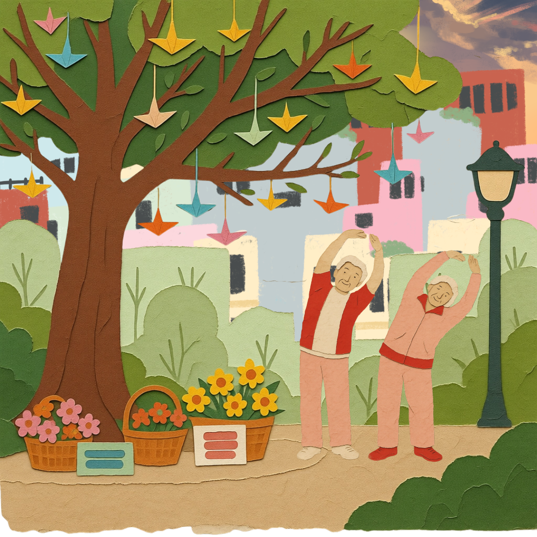 Dois idosos se estendendo em um parque com árvores decoradas