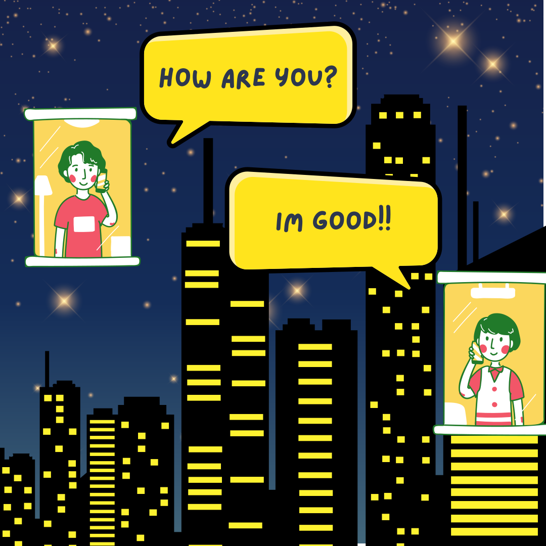 夜、街の窓から二人が電話で話している