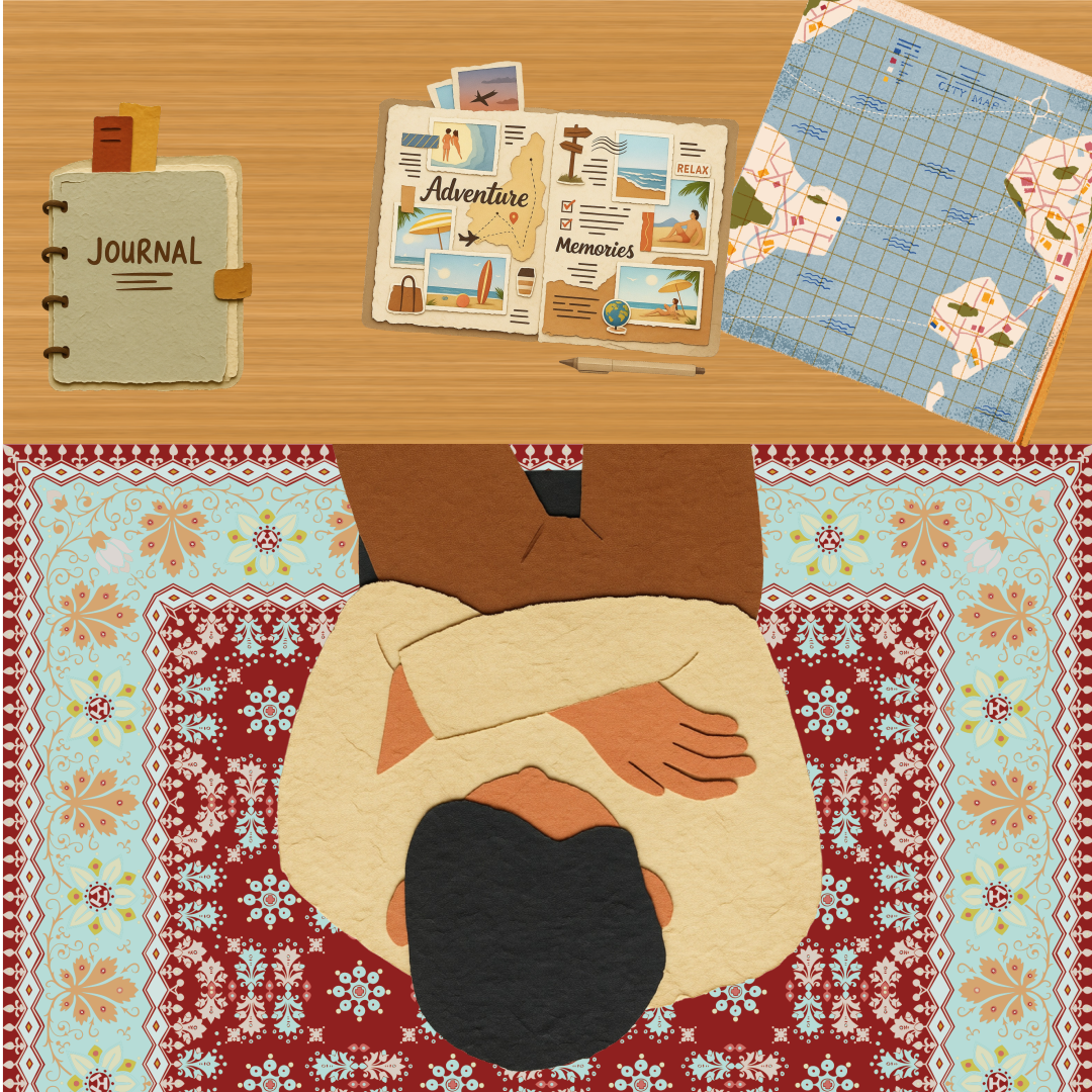 Pessoa relaxando em um tapete perto de diário, álbum de recortes e mapa