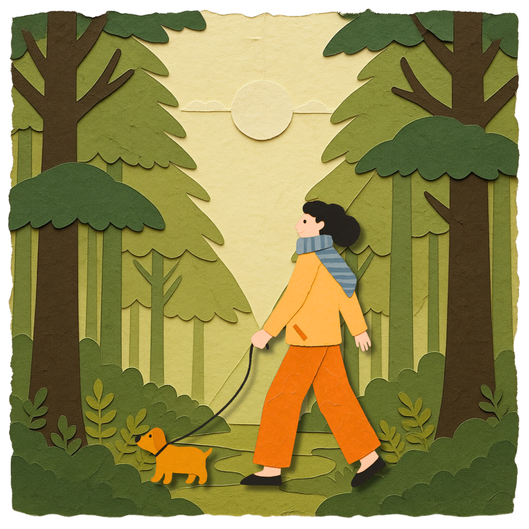 Eine Person führt einen Hund durch einen Papierausschnitt-Wald.
