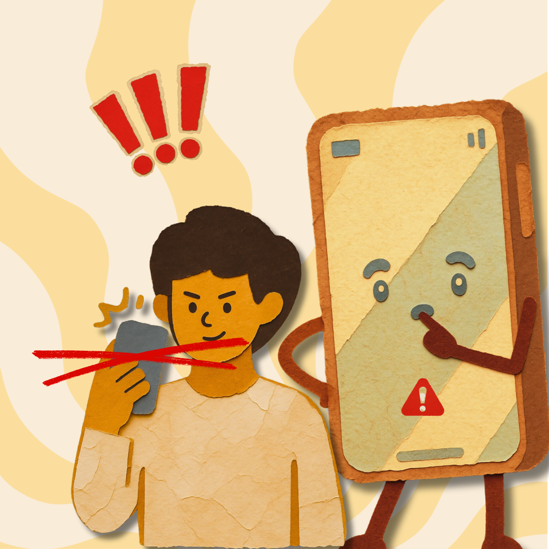 Person, die mit Warnschildern nicht das Handy benutzen darf.