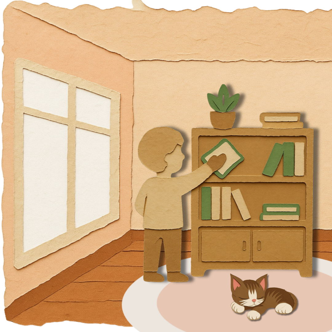 子どもが本棚を整理し、猫が床にいる