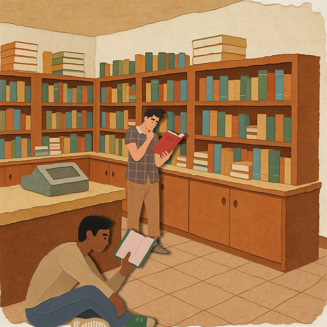 二人の男性が図書館で本を読んでいます