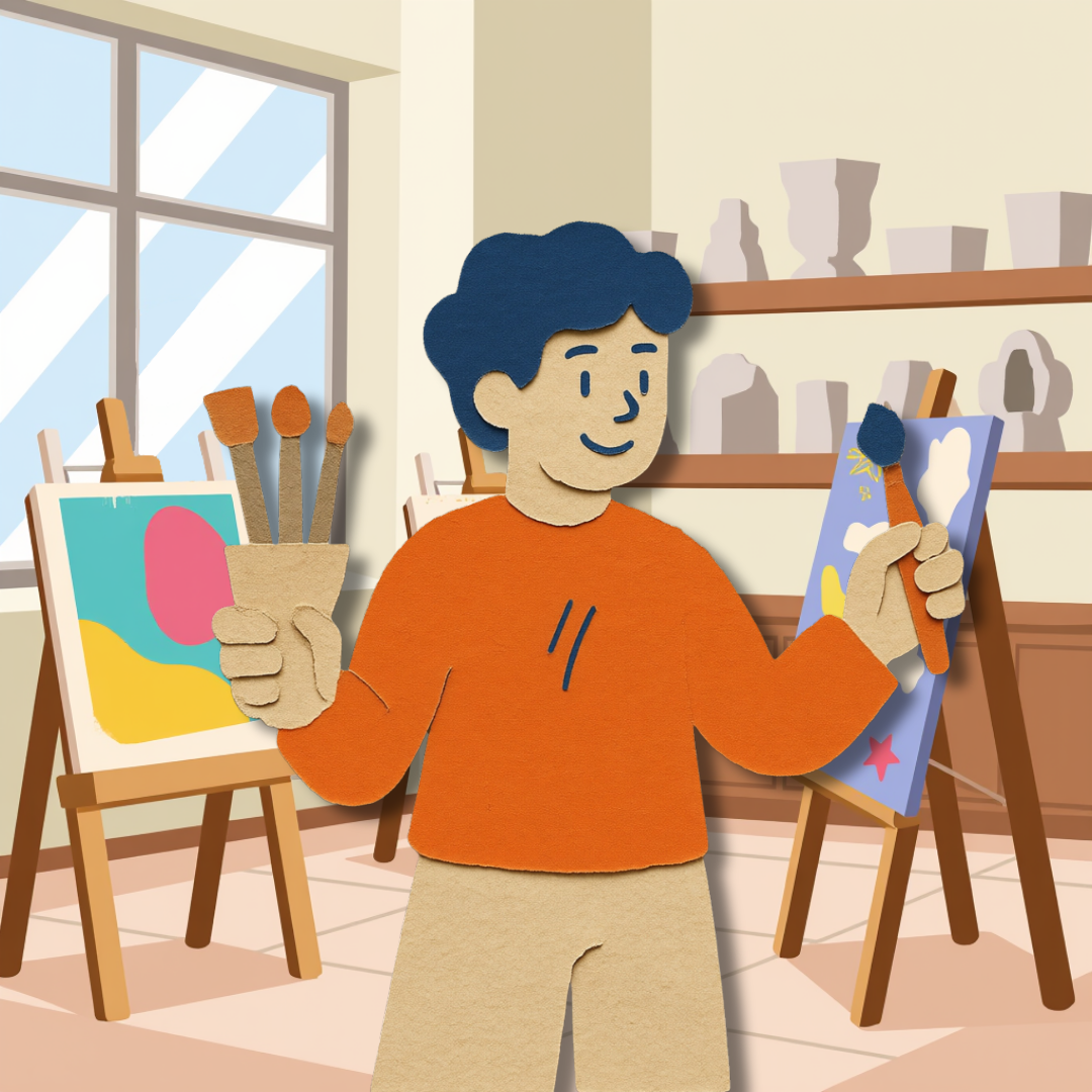 イーゼルを使ってアートスタジオで絵を描く少年。