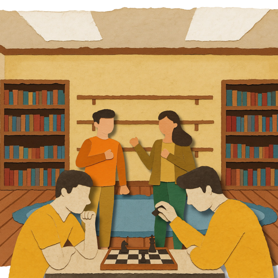 Orang-orang bermain catur dan berbincang di perpustakaan yang nyaman.