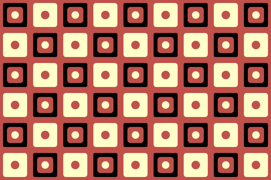 Patrón repetitivo de cuadrados con puntos sobre un fondo marrón rojizo.