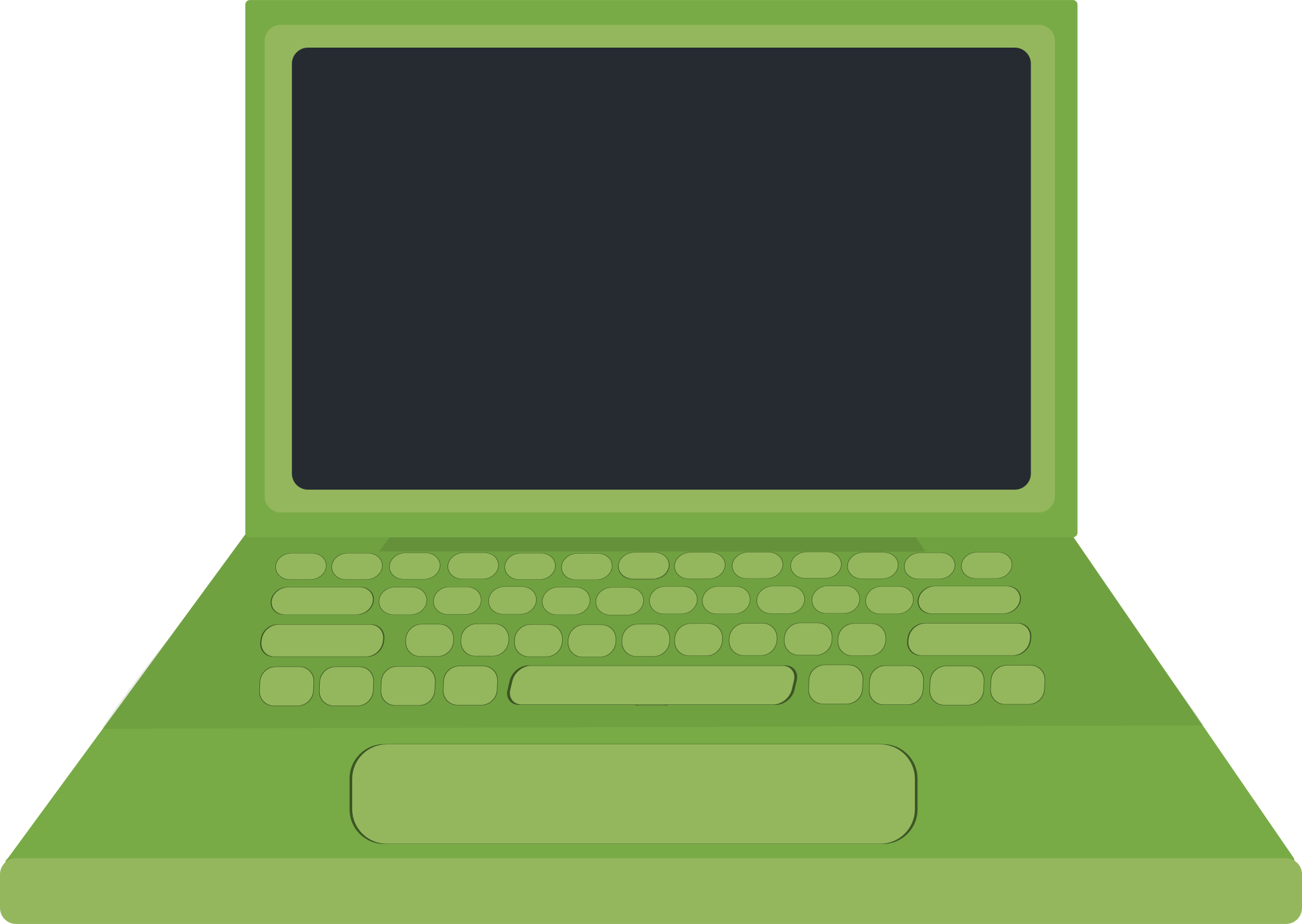 Laptop hijau dengan layar gelap.