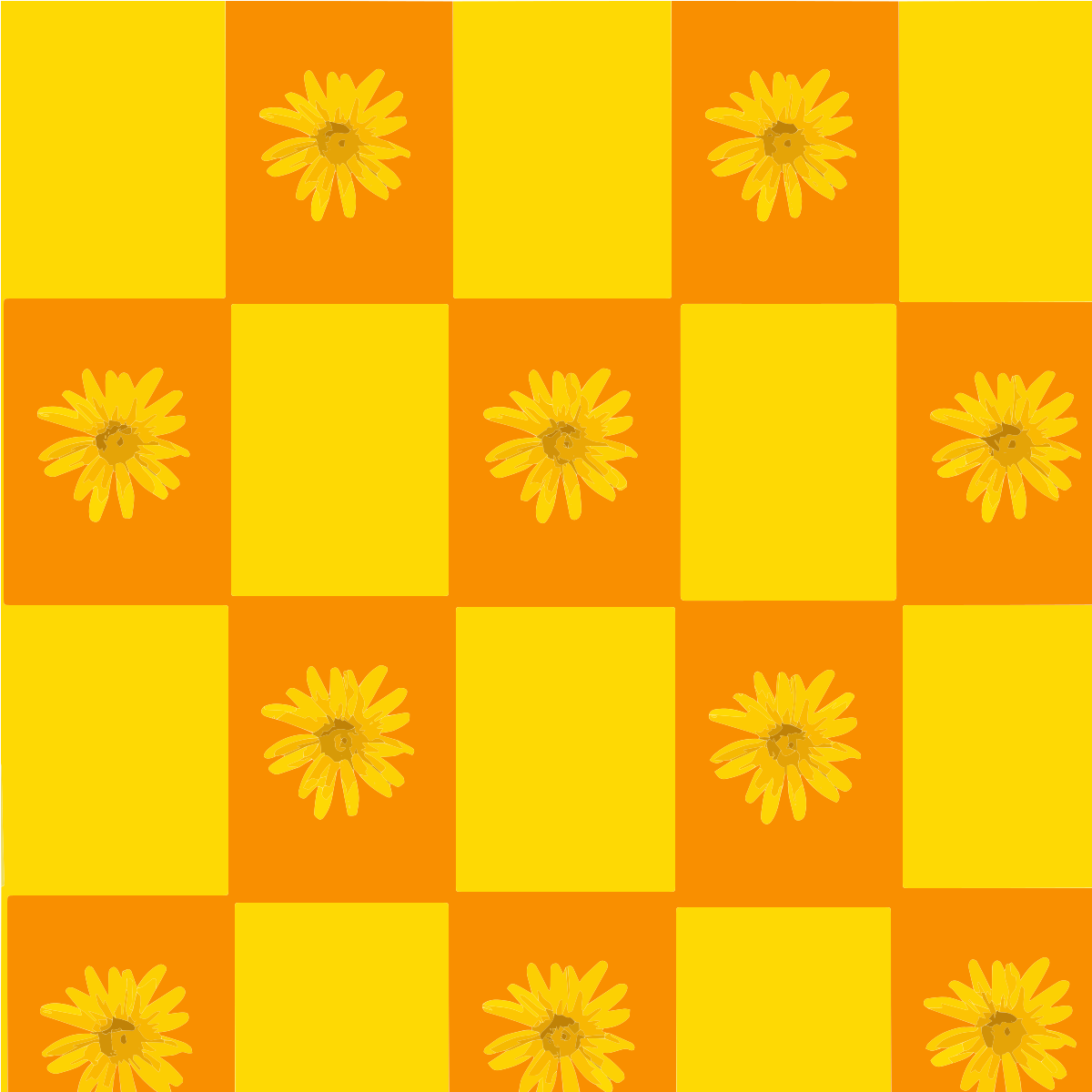 Orange-gelbes Schachbrettmuster mit gelben Gänseblümchen