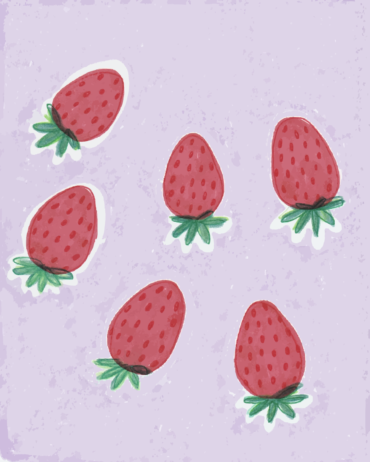 Morangos de desenho animado espalhados sobre um fundo roxo