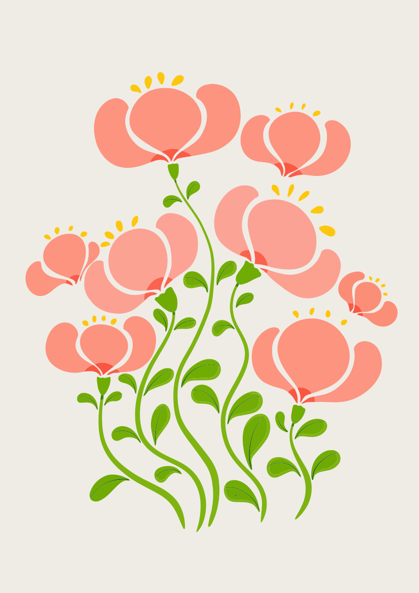 Stilisierte rosa Blumen mit grünen Stängeln auf einem hellen Hintergrund.