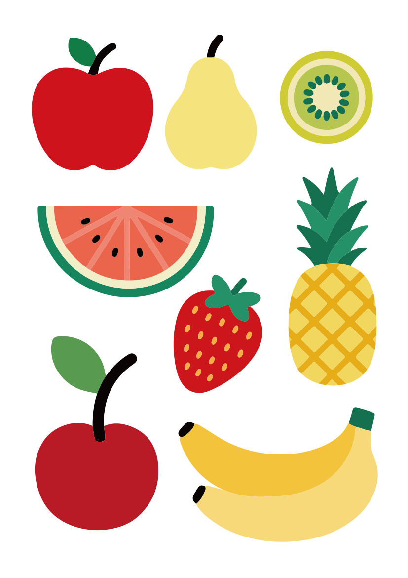 Uma coleção de frutas coloridas de desenho animado sobre fundo branco