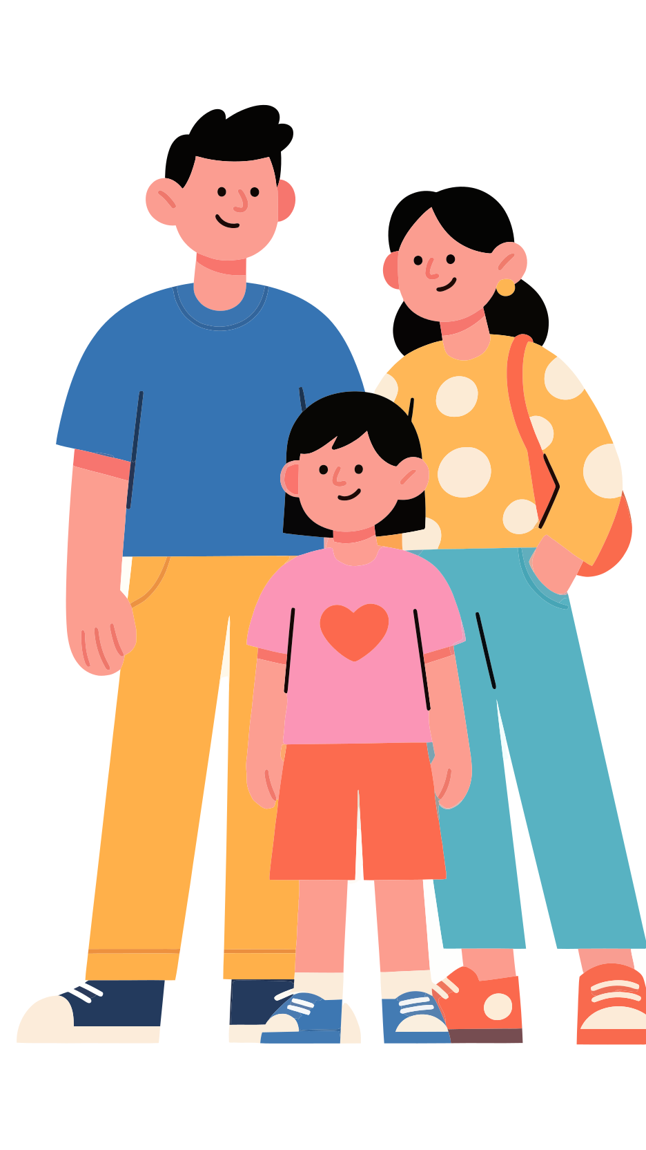 Eine Cartoon-Familie aus drei Personen, die zusammenstehen.