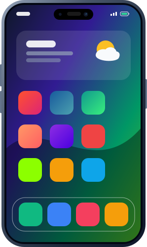 Un smartphone affichant des icônes colorées d’applications et un widget météo