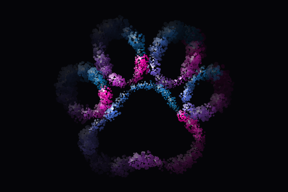 A colorful, abstract paw print on a black background