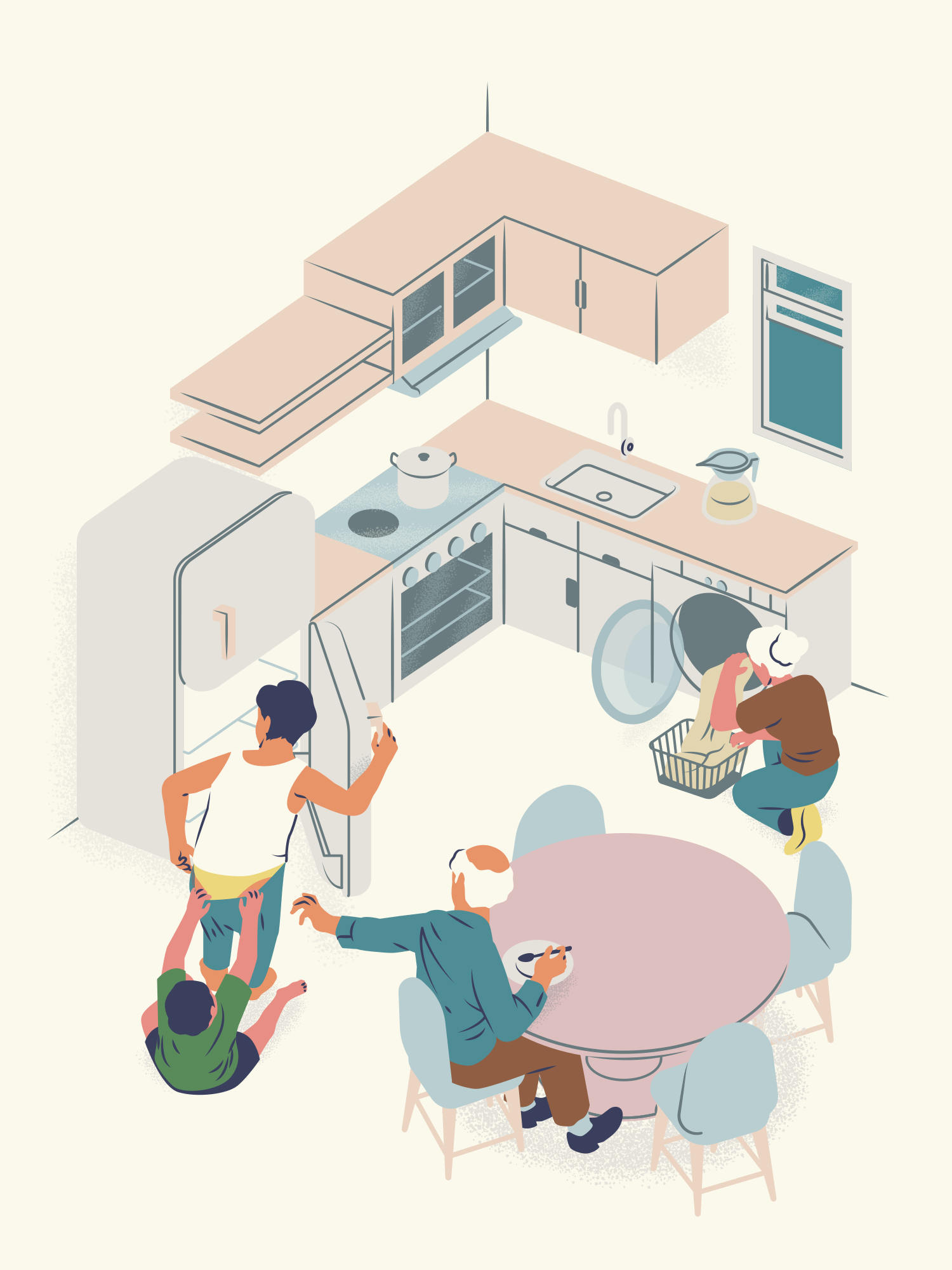 Persone che svolgono compiti domestici in un'illustrazione isometrica della cucina.
