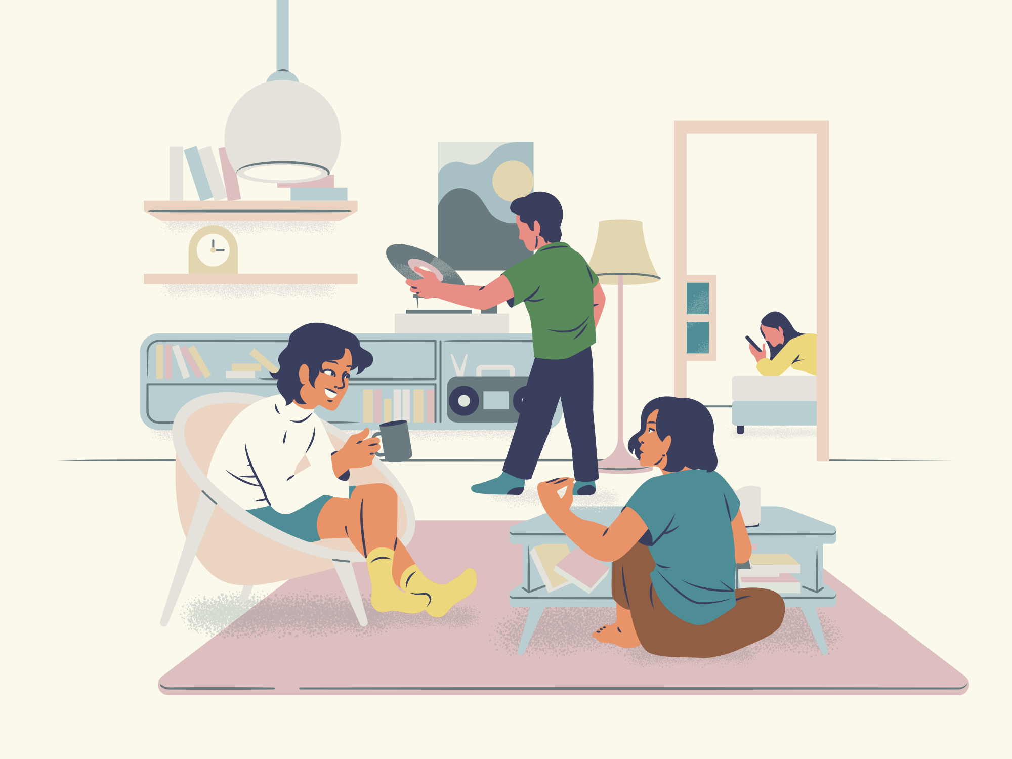 Orang-orang bersantai dan bersosialisasi di rumah yang nyaman