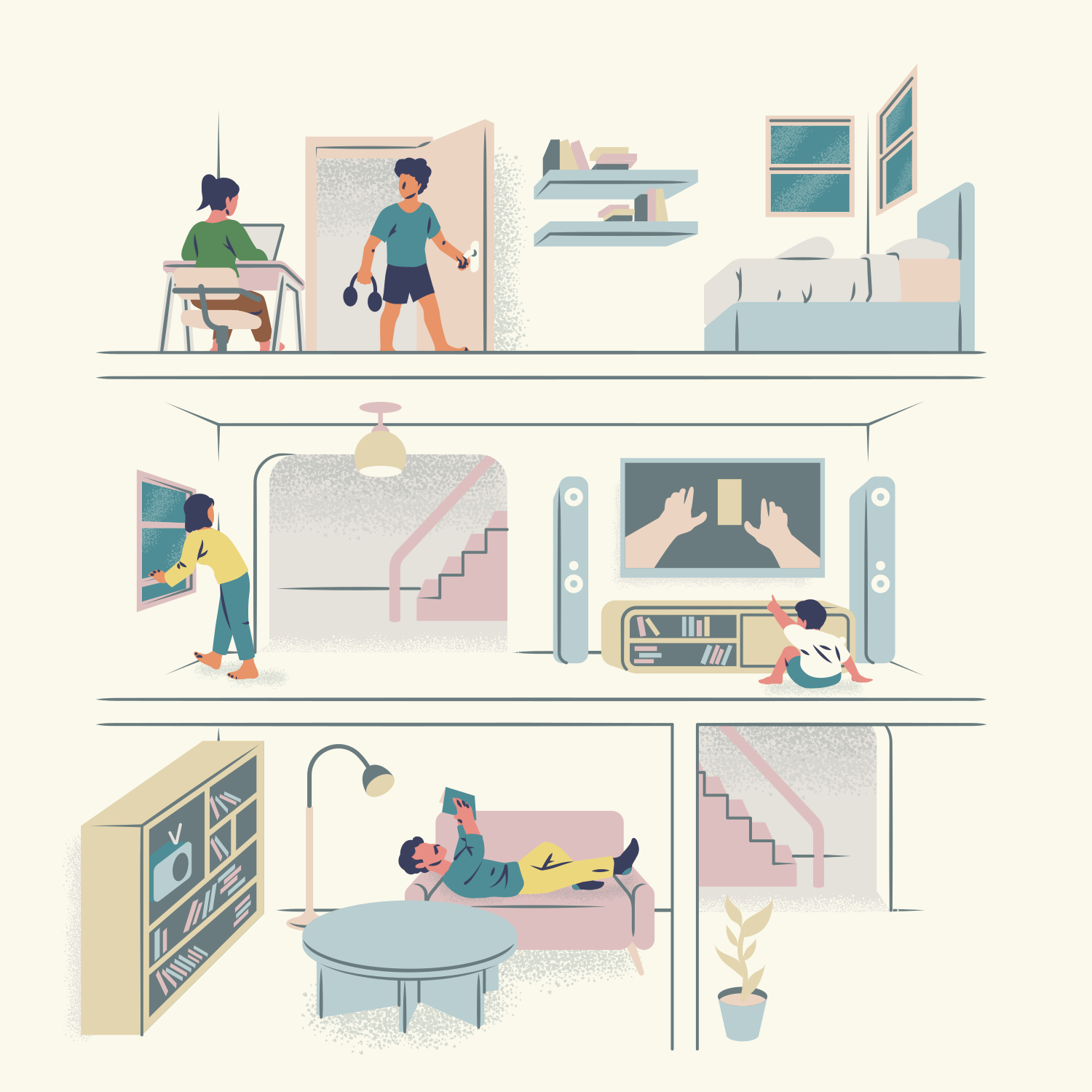 Pessoas trabalhando, se exercitando, limpando e relaxando em uma casa