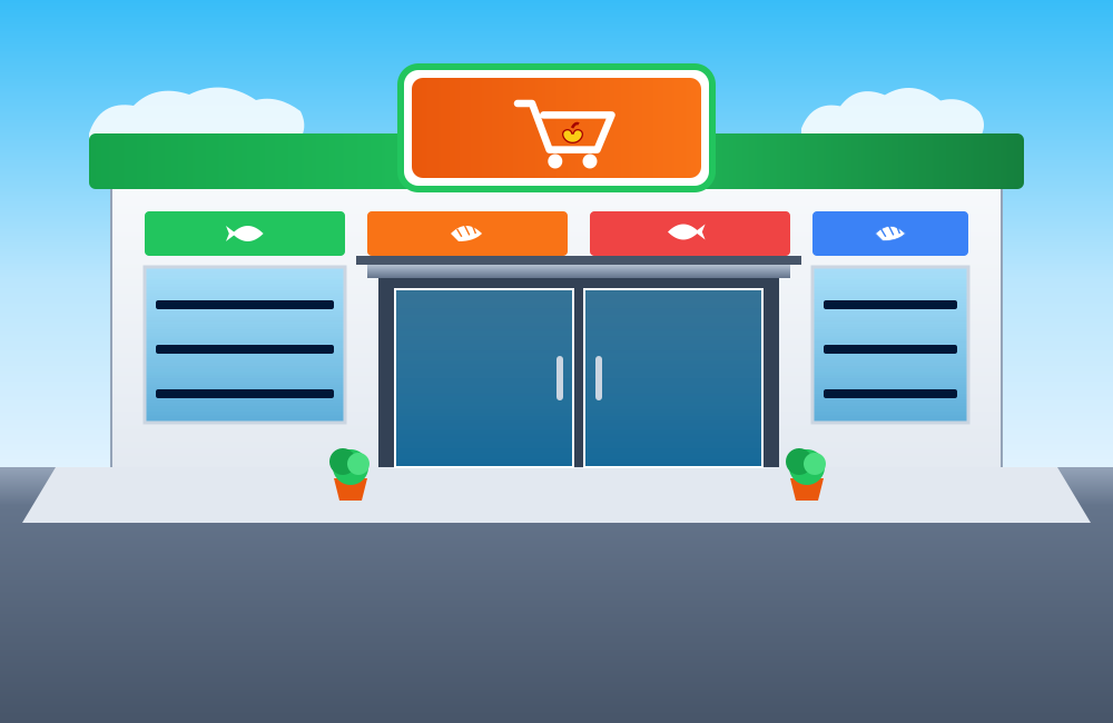 A cartoon grocery store with a shopping cart sign.