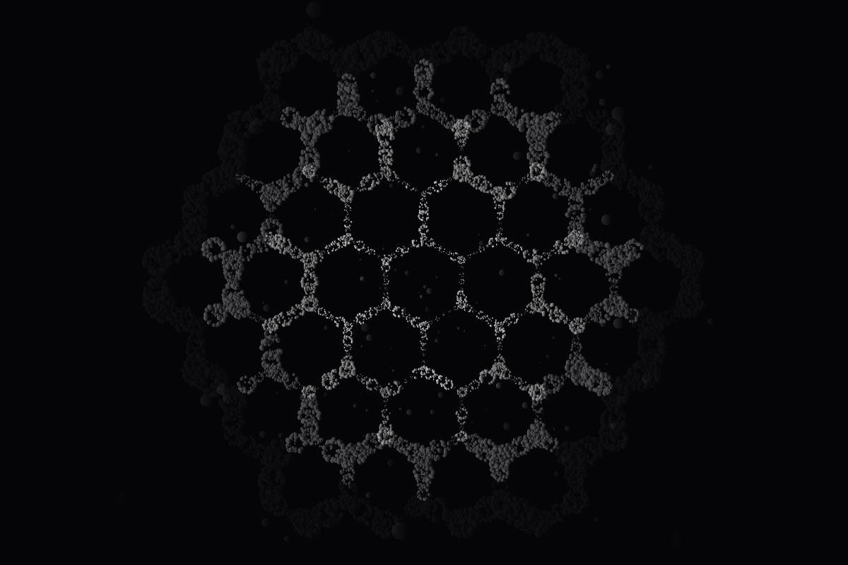 Padrão hexagonal abstrato e luminoso sobre fundo preto.