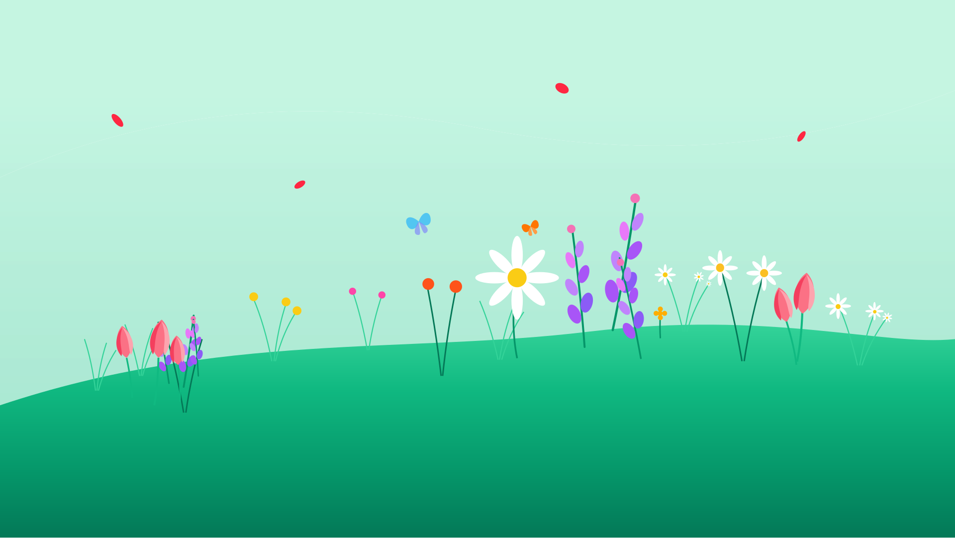 澄んだ空の緑の丘に咲く鮮やかな野花