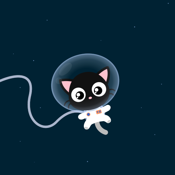 A black cat in a white spacesuit and glass helmet floating in deep space
