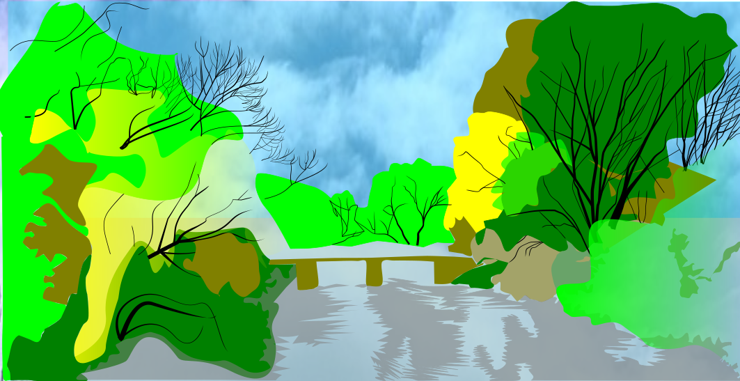 Eine kleine Brücke über einen Fluss, umgeben von grünen Bäumen und blauem Himmel.