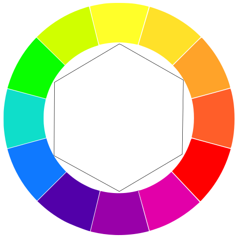 A circular color wheel with twelve vibrant segments surrounding a central white hexagon