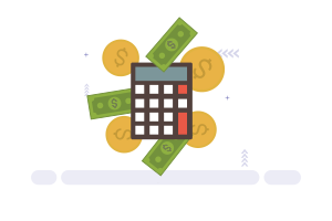 Uma calculadora cercada por papel-moeda flutuante e moedas de ouro.
