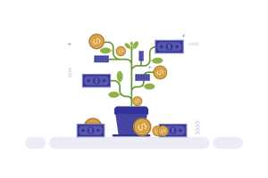 Tanaman dalam pot dengan koin emas dan uang dolar biru sebagai daun