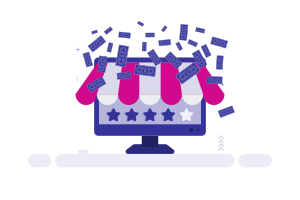 A computer monitor with a striped awning and four stars raining paper money.