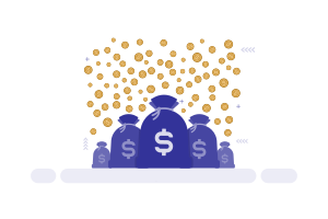 Un grupo de bolsas de dinero moradas con signos de dólar bajo monedas de oro que caen
