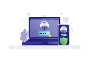 Laptop dan smartphone menampilkan layar login pengguna dengan kolom kata sandi dan pelindung keamanan