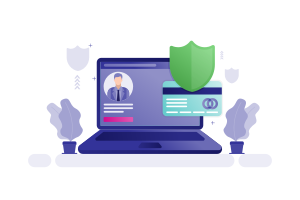Un ordinateur portable affichant un profil utilisateur et une carte de crédit protégée par un shield