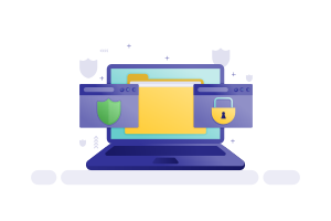 Sebuah laptop menampilkan folder kuning dengan jendela keamanan yang menampilkan perisai dan gembok