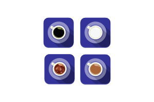 Quattro tazze di caffè di colori diversi su sfondi quadrati blu