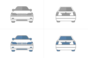 Cuatro iconos de coche mostrando las vistas frontal y trasera en gris y azul.
