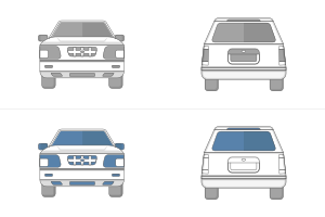 Front and rear views of two white SUVs in grey and blue color schemes.