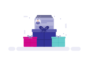 Una pila de tres cajas de regalo coronadas con un documento con un icono de persona.