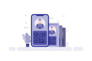 Uma fileira de smartphones exibindo avatares de perfil e códigos QR em um fundo simples.