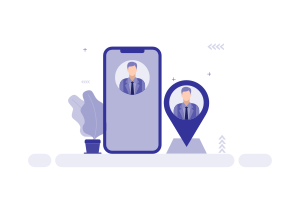 Sebuah smartphone dan pin lokasi dengan ikon orang di latar belakang putih