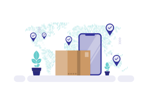 A smartphone and cardboard boxes before a dotted world map with location pins