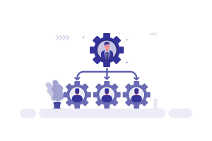 Um diagrama hierárquico com pessoas dentro de engrenagens azuis conectadas por setas