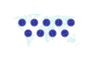 Nove orologi con orari diversi disposti su una mappa del mondo pixelata