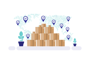Une pile de cartons devant une carte du monde pointillée avec des épingles de localisation