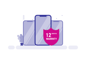 Três smartphones com um ícone de escudo rosa escrito "12 MESES WARRNTY" na frente.