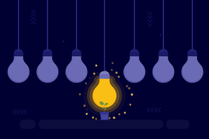 A glowing yellow light bulb with a small plant inside against a dark background